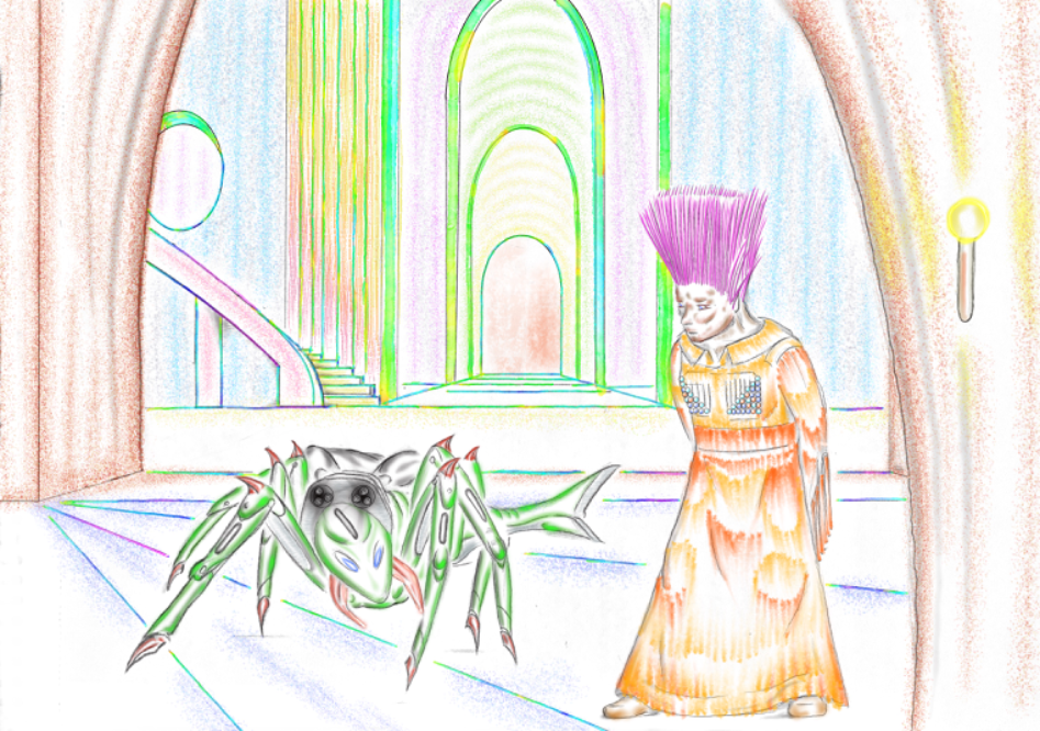 An alien woman with stiff, straight, pink hair and wearing an orange, decorative dress, walks beside a large, green, insect robot in a spacious palace with colourful archways.